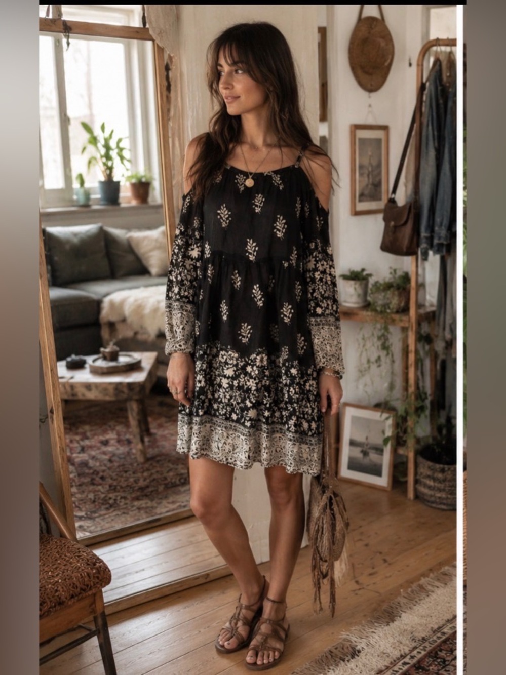 Fifth & Love Black & Ivory Boho Cold Shoulder Floral Dress | Size Large